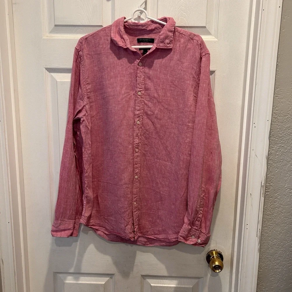 Banana Republic Mens Camden Standard Fit 100% Linen‎ Long Sleeve Shirt Red Large